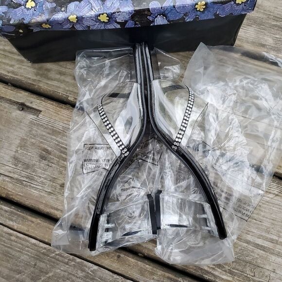 Vintage 90s Y2K Lucite Rhinestone Rachel Green Square Toe Chunky Heel Sandals - Picture 5 of 9